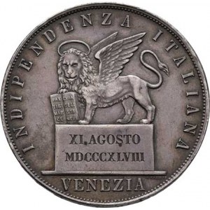 Revoluční vláda v Benátsku, 1848 - 1849, 5 Lira 1848 - se lvem svatého Marka na podstavci,