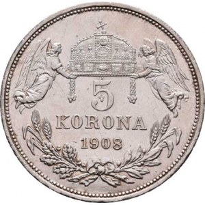 Korunová měna, údobí let 1892 - 1918, 5 Koruna 1908 KB, 23.888g, nep.hr., nep.rysky, téměř