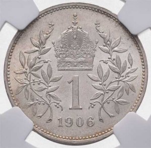 Korunová měna, údobí let 1892 - 1918, Koruna 1906, nep.hr., nep.rysky, krásná patina,