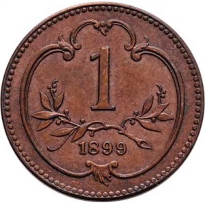 Korunová měna, údobí let 1892 - 1918, Haléř 1899, 1.606g, pěkná patina, téměř R!