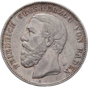 Badensko, Friedrich I., 1856 - 1907, 5 Marka 1876 G, Karlsruhe, KM.263.1 (Ag900), 27.576g,