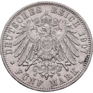 Badensko, Friedrich I., 1856 - 1907, 5 Marka 1907 G, KM.274 (Ag900), 27.666g, dr.hr.,