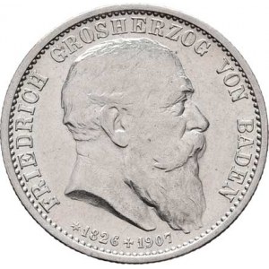 Badensko, Friedrich I., 1856 - 1907, 2 Marka 1907 - úmrtní, KM.278 (Ag900), 11.122g,
