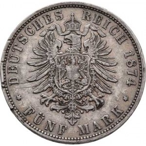 Bavorsko, Ludwig II., 1864 - 1886, 5 Marka 1874 D, Mnichov, KM.502 (Ag900, pouze 85.000