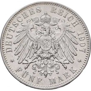 Sasko, Friedrich August III., 1904 - 1918, 5 Marka 1907 E, Drážďany, KM.1266 (Ag900), 27.656g,