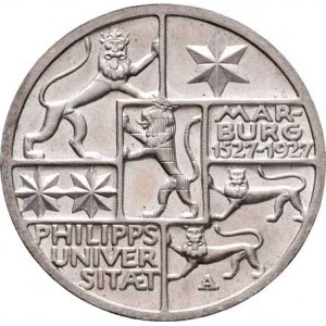 Německo - Výmarská republika, 1918 - 1933, 3 Marka 1927 A - Universita Marburg, KM.53 (Ag500),