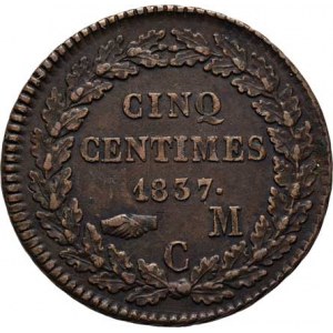 Monako, Honore V., 1819 - 1841, 5 Centimes 1837 C - menší hlava (Cu), KM.95.2a,