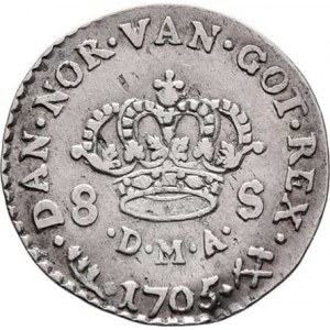 Norsko pod Dánskem, Frederik IV., 1699 - 1730, 8 Skiling 1705, Kongsberg, KM.209 (Ag750), 4.972g,