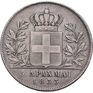 Řecko, Otto I., 1832 - 1862, 5 Drachma 1833 bz, Paříž, KM.20 (Ag900), 21.935g,