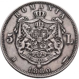Rumunsko, Karel I. - jako kníže, 1866 - 1881, 5 Lei 1880 B - signatura u poprsí, Bukurešť, KM.12,