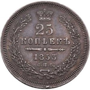 Rusko, Mikuláš I., 1825 - 1855, 25 Kopějka 1853 SPB-NI, Petrohrad, Cr.166.1 (Ag858),