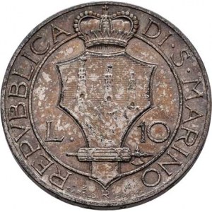 San Marino, republika, 10 Lira 1932 R, Řím, KM.10 (Ag835, pouze 25.000 ks),