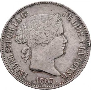 Španělsko, Isabela II., 1833 - 1868, 2 Escudos 1867, Madrid (šesticípé hvězdičky), KM.629,