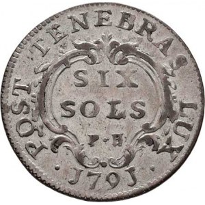 Švýcarsko - kanton Ženeva, 6 Sols 1791 PB, KM.82 (Ag), 2.834g, patina, téměř