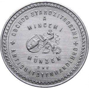 Praha - medaile Zemské jubilejní výstavy 1891, Chaura Fr.R. - firemní adresní známka - český lev