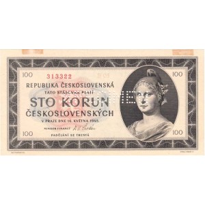 Československo - bankovky a státovky 1945 - 1953, 100 Koruna 1945, série B05, BHK.77a1, He.82a.v2,