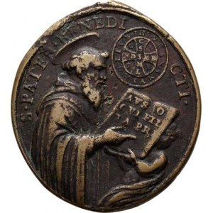 Církevní medaile - lité svátostky oválné, Svatý Benedikt z Nursie, benediktinský štít, opis /
