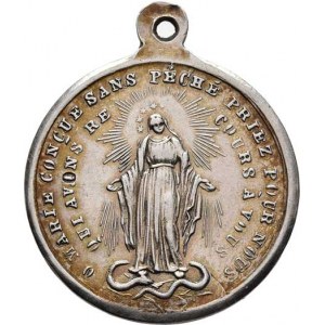 Církevní medaile - ražené svátostky kruhové, Panna Marie Immaculata, opisy / mariánský monogram,