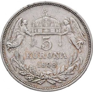 Korunová měna, údobí let 1892 - 1918, 5 Koruna 1908 KB, 23.905g, dr.hr., dr.rysky, patina