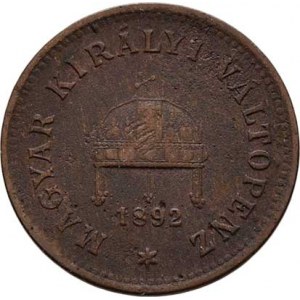 Korunová měna, údobí let 1892 - 1918, Haléř 1892 KB, 1.578g, nep.hr., pěkná patina RR!