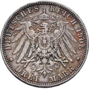 Badensko, Friedrich II., 1907 - 1918, 3 Marka 1908 G, Karlsruhe, KM.280 (Ag900), 16.682g,