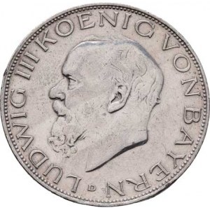 Bavorsko, Ludwig III., 1913 - 1918, 3 Marka 1914 D, KM.520 (Ag900, jediný ročník),