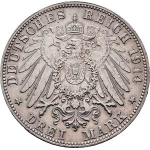 Bavorsko, Ludwig III., 1913 - 1918, 3 Marka 1914 D, KM.520 (Ag900, jediný ročník),