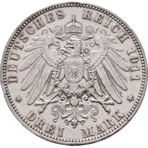Sasko, Friedrich August III., 1904 - 1918, 3 Marka 1911 E, Drážďany, KM.1267 (Ag900), 16.614g,
