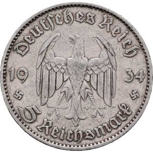 Německo - 3.říše, 1933 - 1945, 5 Marka 1934 A - kostel s datem, KM.82 (Ag900),