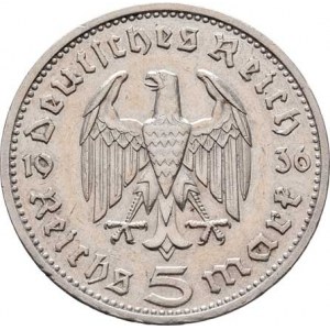 Německo - 3.říše, 1933 - 1945, 5 Marka 1936 E - Hindenburg / znak, KM.86 (Ag900),