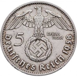 Německo - 3.říše, 1933 - 1945, 5 Marka 1938 E - Hindenburg / znak se svastikou,
