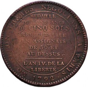 Francie - revoluční ražby, Ludvík XVI., 1774 - 1793, 5 Sols 1792 - IV.rok revoluce - medailová ražb