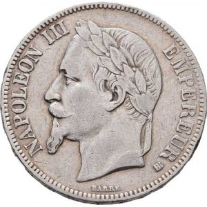 Francie, Napoleon III., 1852 - 1871, 5 Frank 1867 BB, Strasbourgh, KM.799.2 (Ag900),