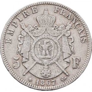 Francie, Napoleon III., 1852 - 1871, 5 Frank 1867 BB, Strasbourgh, KM.799.2 (Ag900),
