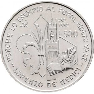 Itálie, republika, 1946 -, 500 Lira 1992 R - Lorenzo de Medici, KM.149 (Ag835),