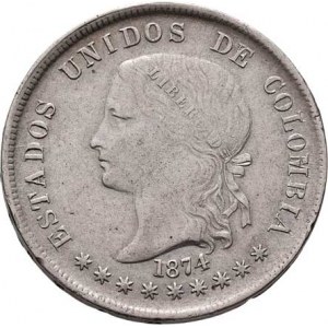 Kolumbie, republika, 1819 -, 50 Centavos 1874, Bogota, KM.177.1 (Ag900), 12.326g,