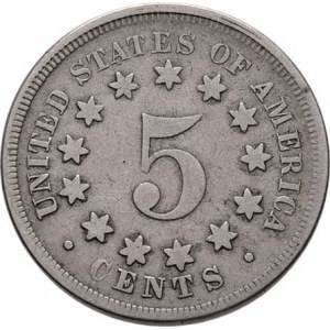 USA, 5 Cent 1867 (CuNi) - štít ve věnci / bez paprsků mezi