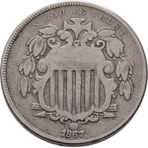 USA, 5 Cent 1867 (CuNi) - štít ve věnci / bez paprsků mezi