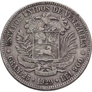 Venezuela, republika, 1830 -, 25 Gram (5 Bolivares) 1929, Y.24.2 (Ag900), 24.806g,