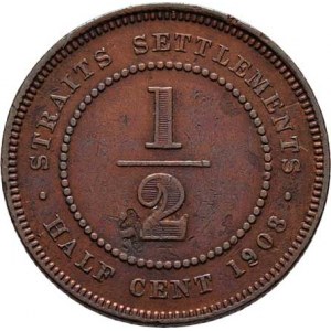 Straits Setlements, Edward VII., 1901 - 1910, 1/2 Cent 1908, KM.18 (bronz), 4.642g, dr.hr., rysky