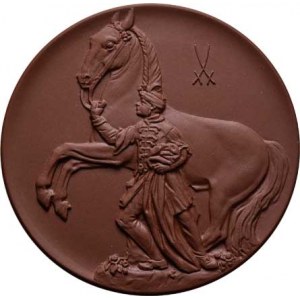 Porcelánové medaile, Míšeň b.l. - jezdec vede koně, zn. porcelánky /