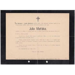 Osobní dokumenty - úmrtní oznámení, Julius Mařák - 8.října 1899, 2x přeložené, dvě dírky