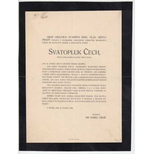 Osobní dokumenty - úmrtní oznámení, Svatopluk Čech - 23.února 1908, 2x přeložené, velmi