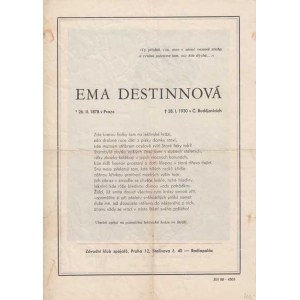 Osobní dokumenty - úmrtní oznámení, Ema Destinová - 28.ledna 1930, 2x přeložené, skvrnky,