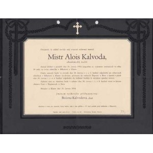 Osobní dokumenty - úmrtní oznámení, Alois Kalvoda - 25.června 1934, 2x přeložené, dvě