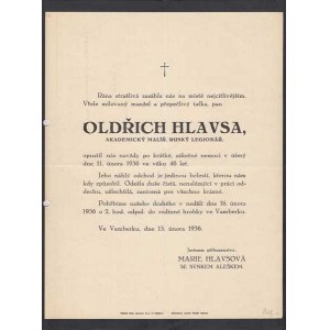 Osobní dokumenty - úmrtní oznámení, Oldřich Hlavsa - 13.února 1936, 2x přeložené, dvě