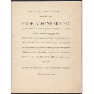 Osobní dokumenty - úmrtní oznámení, Alfons Mucha - 14.července 1939, 2x přeložené, dvě