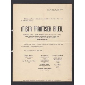 Osobní dokumenty - úmrtní oznámení, František Bílek - 15.října 1941, 2x přeložené, dvě