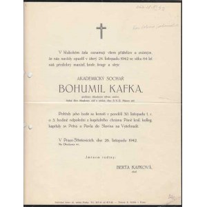 Osobní dokumenty - úmrtní oznámení, Bohumil Kafka - 24.listopadu 1942, 2x přeložené,