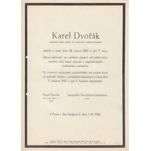 Osobní dokumenty - úmrtní oznámení, Karel Dvořák - 28.února 1950, 2x přeložené, dvě